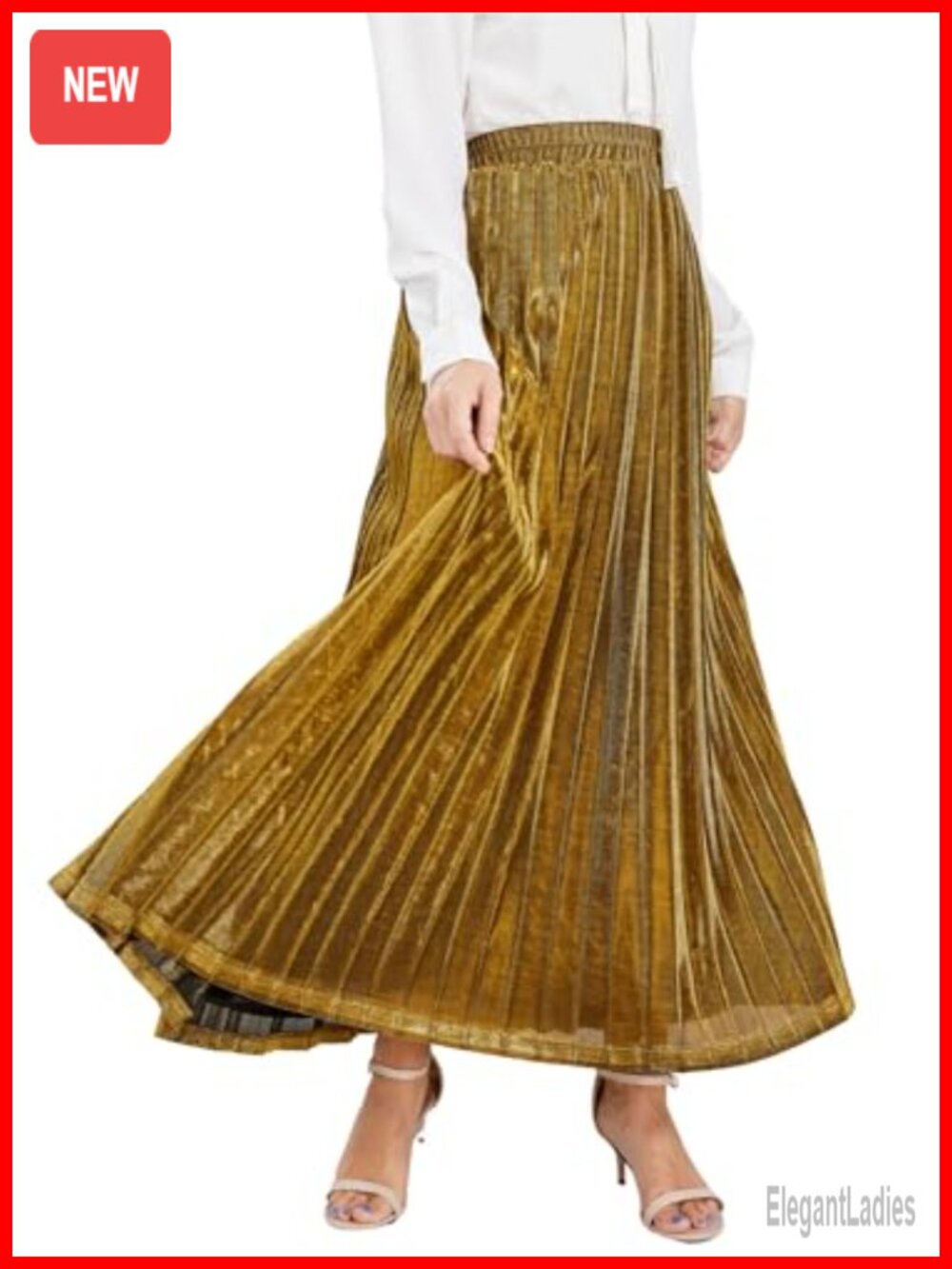 Metallic Shiny Shimmer Accordion Pleated Long Maxi Skirt
